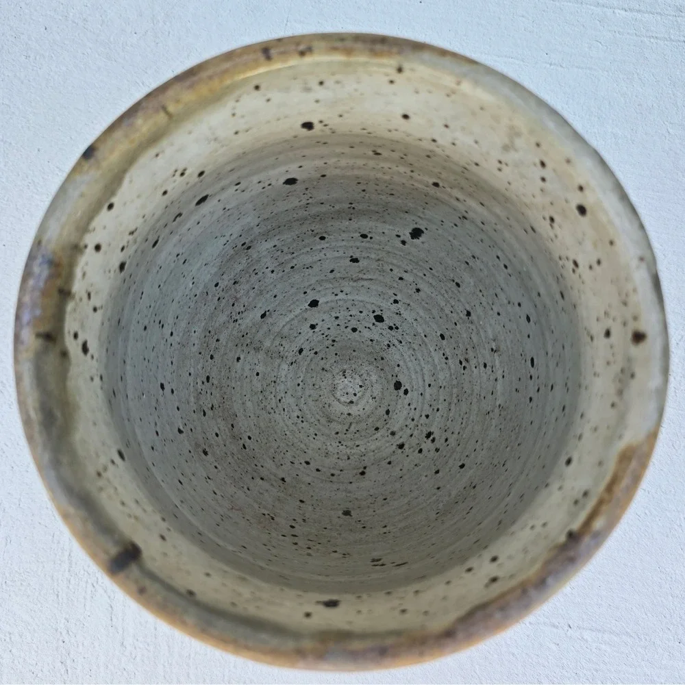 Studio MCM Pottery Hand Thrown Speckled Glaze Vase Abstract Indigo Ochre Signed